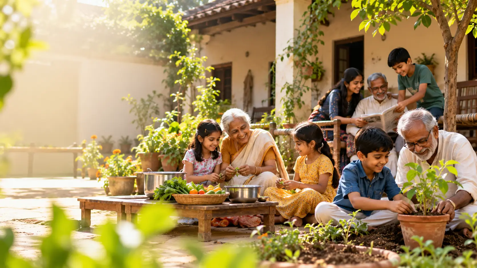 Concept visualization of generations sharing everyday life in an Indian courtyard