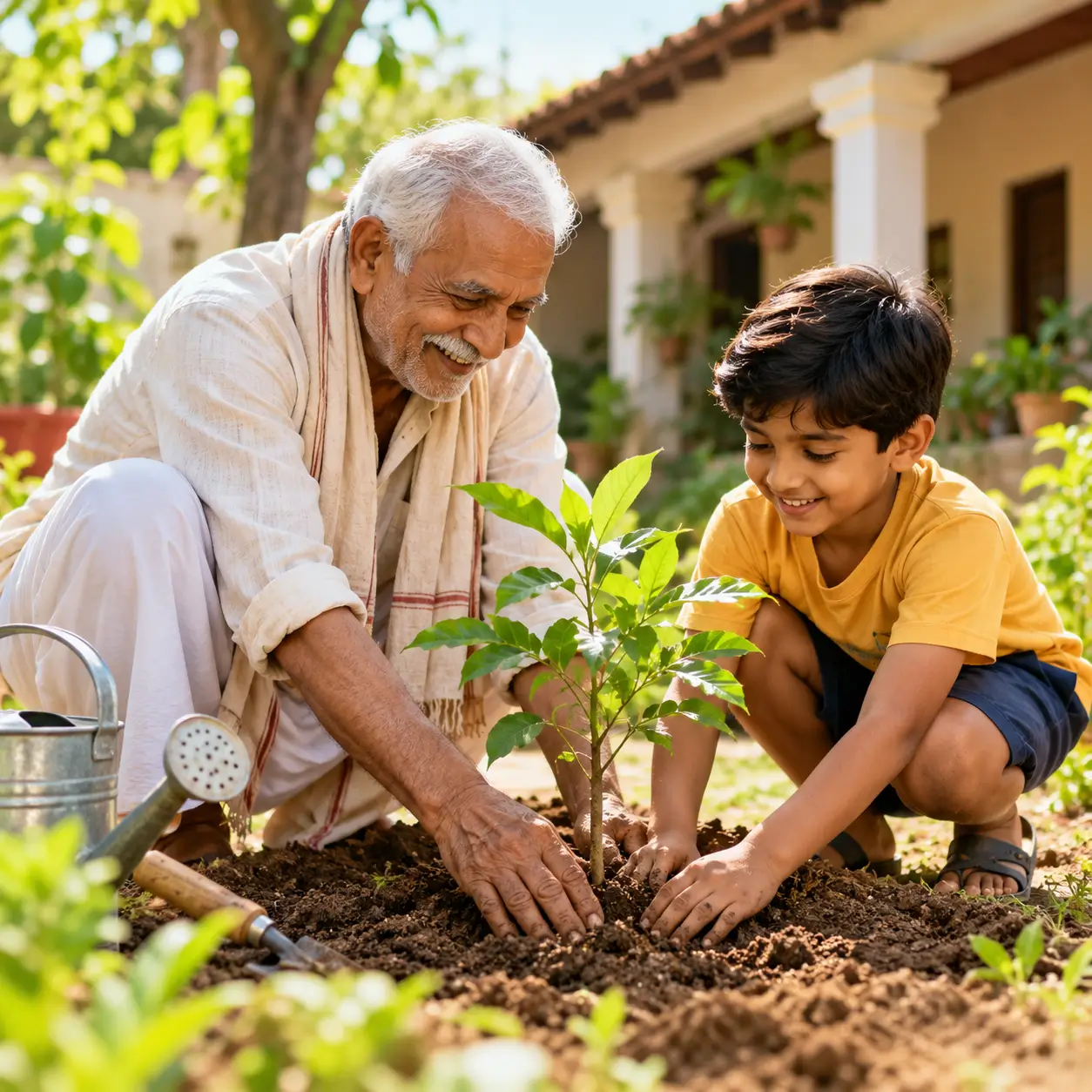 Concept visualization of an elder and child planting together